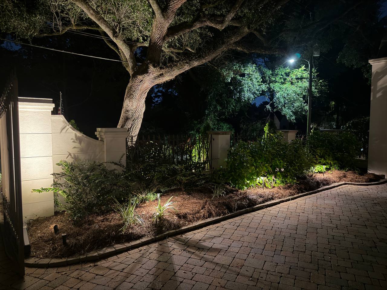 Paver drive along a low garden wall with foundation bed lighting beneath a massive live oak canopy